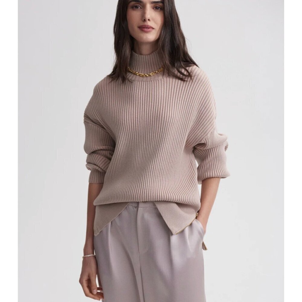 Varley Mayfair Mock Neck Knit Sweater in Cement Beige Women’s Size M Q5